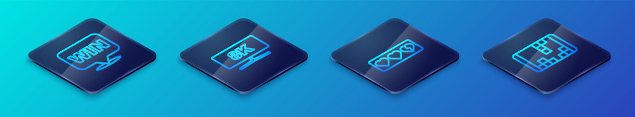 Set Isometric line Game life bar, Medal, Portable video game console and Computer monitor icon. Vector