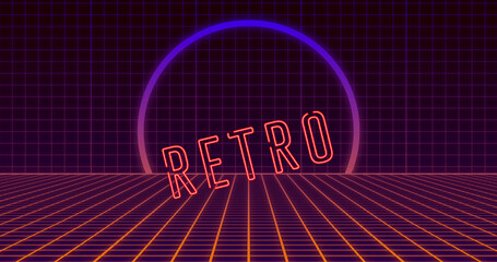 Naklejka premium Image of moving retro text in neon letters over neon circle and grid