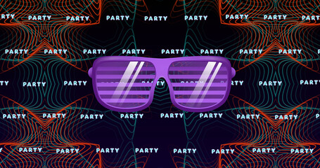 Image of purple party sunglasses over party neon text in repetition over pattern