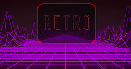 Image of moving retro text in neon letters over neon frame and purple grid