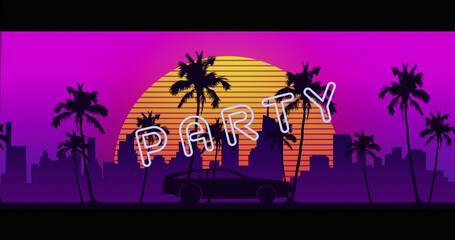 Obraz premium Image of party neon text over sunset and palm trees with cityscape