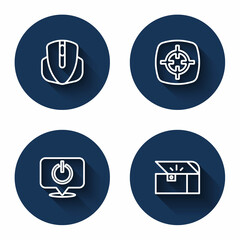 Set line Computer mouse, Target sport, Power button and Chest for game with long shadow. Blue circle button. Vector