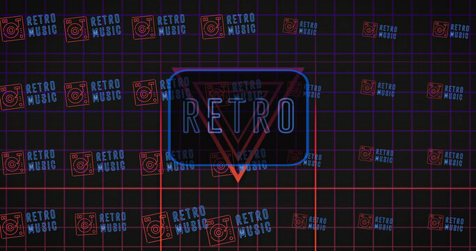 Image of moving retro text in neon letters over neon frame and grid