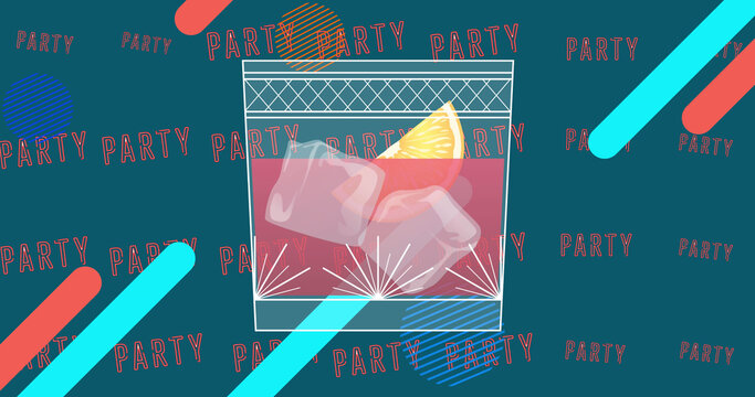 Image of cocktail glass over party neon text and flickering shapes