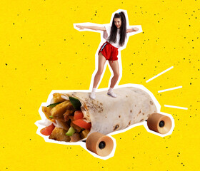 Contemporary art collage of cheerful girl riding on chicken roll skate isolated over yellow background. Fast delivery service