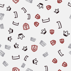 Set line Tree stump, Two-handed saw, Wooden log and Shield with tree on seamless pattern. Vector