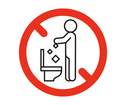 WC rule forbidden take out trash in toilet pan, prohibition warning sign. Do not throw garbage, rubbish in toilet. Problem of planet pollution, clean. Vector illustration