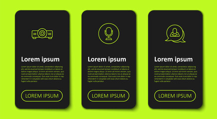 Set line Movie, film, media projector, Microphone and Speech bubble chat. Business infographic template. Vector