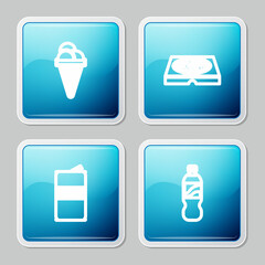 Set line Ice cream in waffle cone, Pizza cardboard box, Beer can and Bottle of water icon. Vector