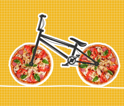 Contemporary art collage of creative bike with pizza weels symbolizing fast delivery isolated over yellow background