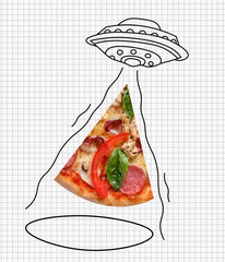 Contemporary art collage of UFO, flying saucer with pizza slice isolated over white background