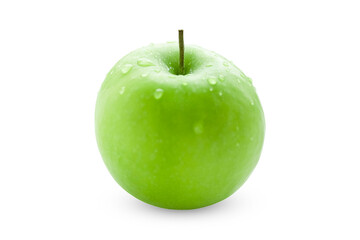 One juicy green apple with water drops isolated on white background.