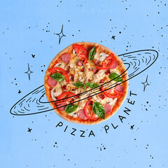 Contemporary art collage of pizza in shape of planet isolated over blue background. Doodles, logo