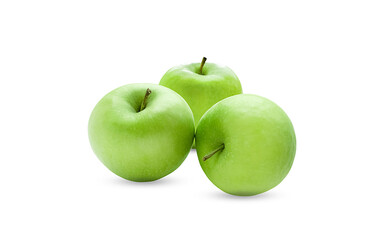 Three juicy green apples isolated on a white background.