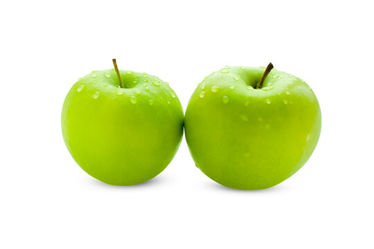 Two green apples with water drops isolated on white background.