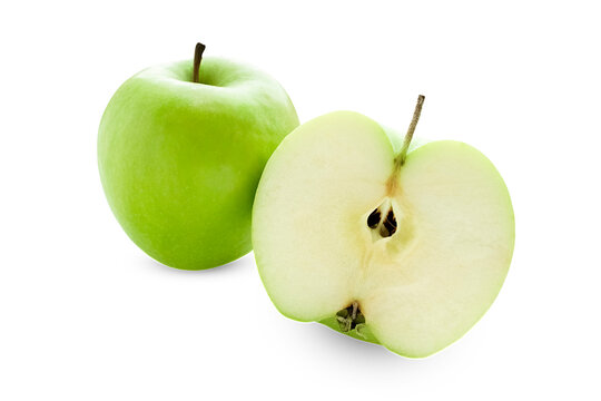 One green apple and half of apple isolated on white background.