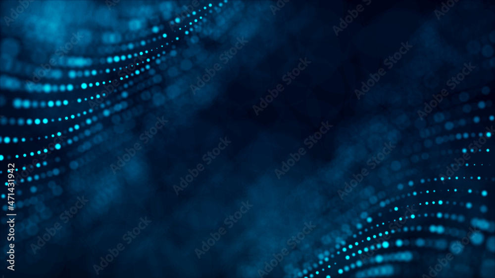 Poster digital background with movement of glowing particles. complex technologies of big data. 3d renderin