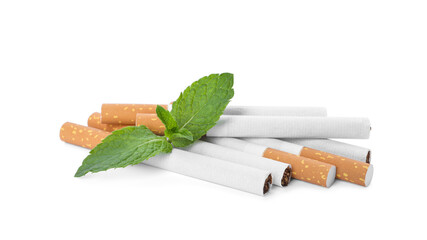 Menthol cigarettes and fresh mint leaves on white background