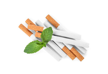 Menthol cigarettes and fresh mint leaves on white background, flat lay