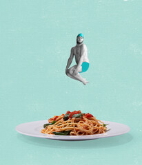 Contemporary art collage of funny man, in swimming hat diving into plate with pasta isolated over mint background