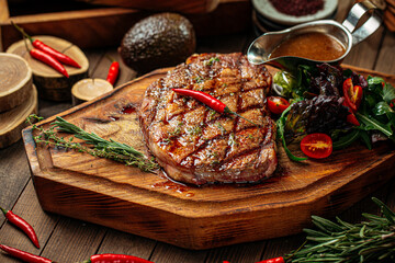 Grilled beef steak with salad and sauce on wooden background