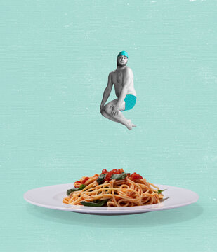 Naklejki Contemporary art collage of funny man, in swimming hat diving into plate with pasta isolated over mint background