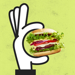 Contemporary art collage of drawn cartoon hand holding big delicious burger isolated over green background. Junk food