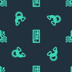 Set line Meteorology thermometer, Rainbow with clouds and sun and Water on seamless pattern. Vector