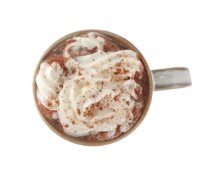 Cup of delicious hot chocolate with whipped cream  isolated on white, top view