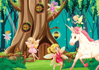 Fantasy forest with cute fairies - obrazy, fototapety, plakaty