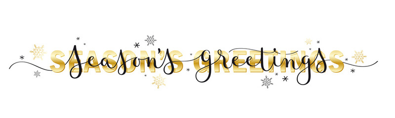 Obraz premium SEASON'S GREETINGS black and metallic gold vector brush calligraphy banner with swashes and snowflakes