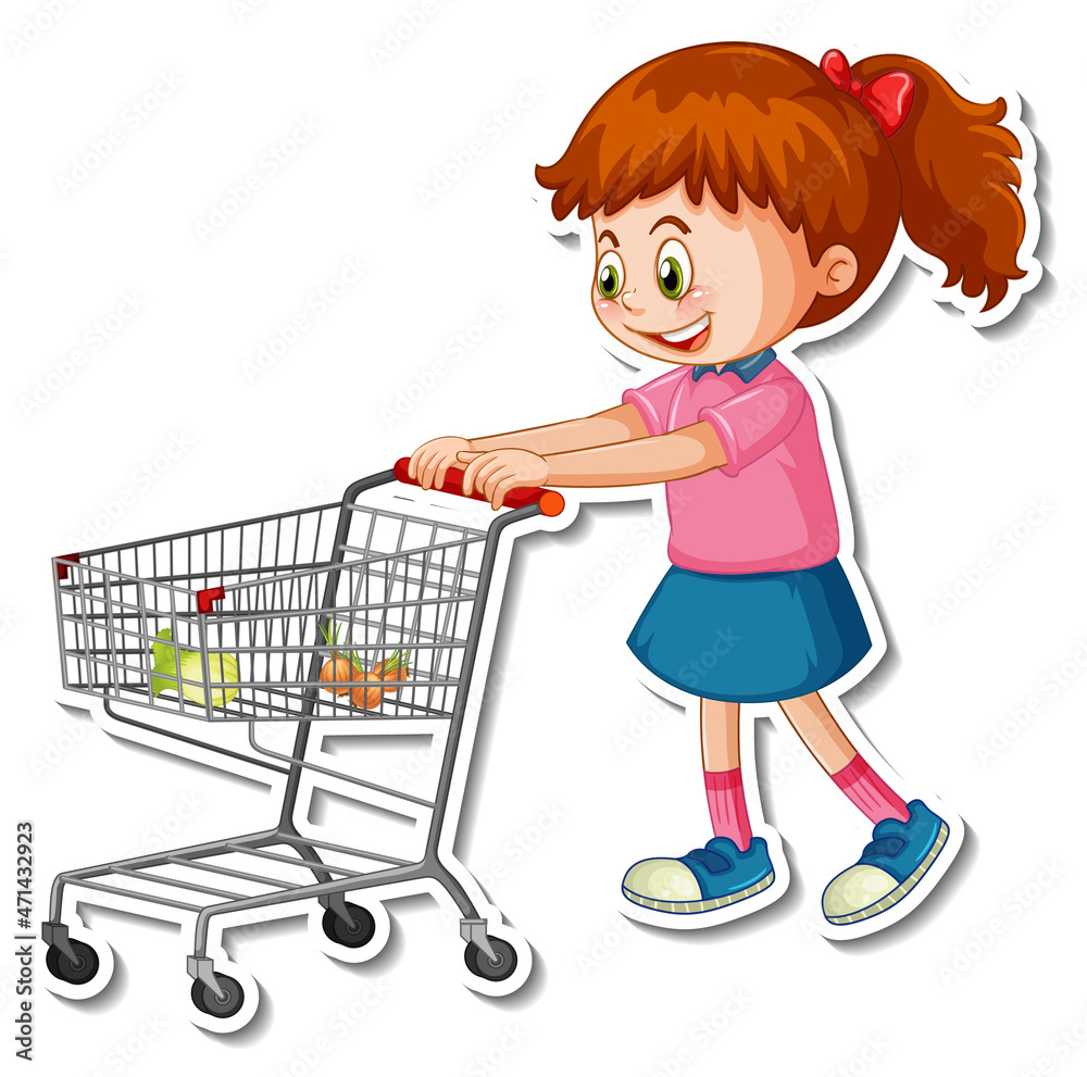 Poster A girl pushing shopping trolley with groceries