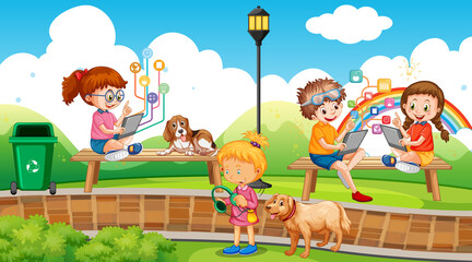 Obraz na płótnie Canvas Park scene with children using technology devices