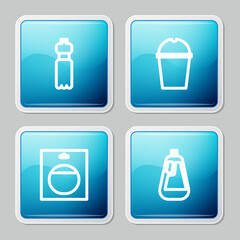 Set line Bottle of water, Paper glass, Battery in pack and for dishwashing liquid icon. Vector