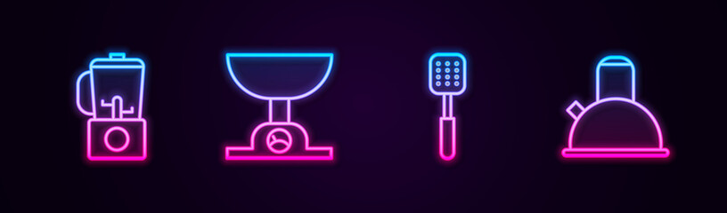 Set line Blender, Electronic scales, Spatula and Kettle with handle. Glowing neon icon. Vector