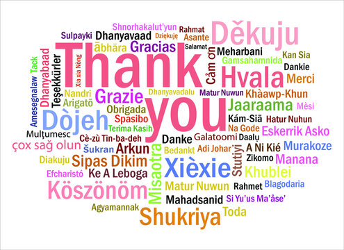 Thank You Word Collection in Different Languages around the World in Different Colors Vector Illustration