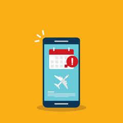 Flight delay info or travel agenda. Online reminder. Important airline airplane departure notification message on mobile phone. Illustration

