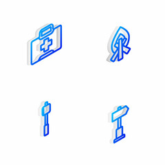 Set Isometric line Campfire, First aid kit, Marshmallow on stick and Road traffic signpost icon. Vector