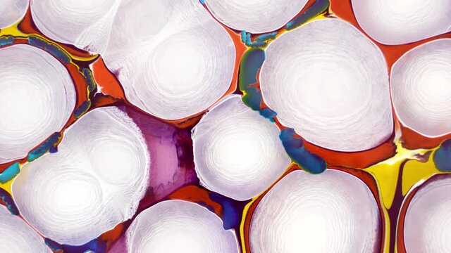 Abstract fluid ink background. Blooming magical white flowers. Ink in liquid. Circles of paint radiating over the surface. Abstract texture artwork. Liquid background forms design. Ink-in-liquid