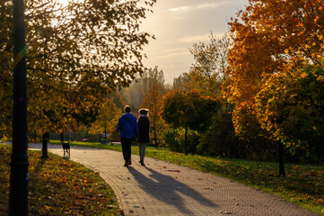 Jesienny spacer pary z psem w Parku Środula w Sosnowcu, jesień 2021 - obrazy, fototapety, plakaty