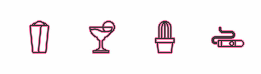Set line Burrito, Cactus or succulent in pot, Margarita cocktail and Cigar icon. Vector
