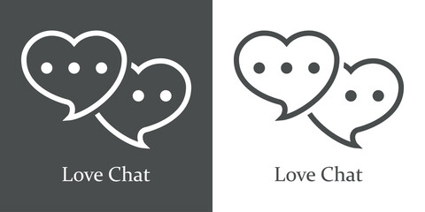 Logotipo con texto Love Chat con 2 corazones con forma de burbuja de habla con líneas en fondo gris y fondo blanco