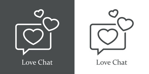 Logotipo con texto Love Chat con burbuja de habla con varios corazones con líneas en fondo gris y fondo blanco © teracreonte