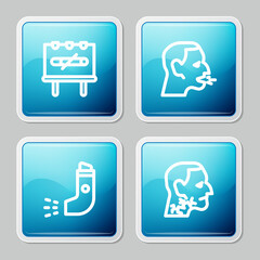 Set line No smoking, Man coughing, Inhaler and Throat cancer icon. Vector