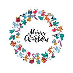 Merry Christmas hand lettering. Festive round frame for the New Year in doodle style.