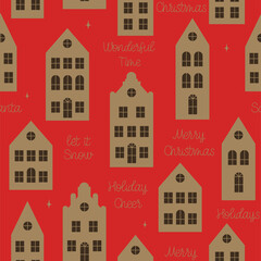 Design for wrapping paper, holiday textiles, seamless pattern with Amsterdam houses and Christmas hand lettering.