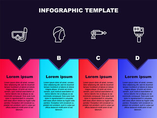 Set line Diving mask with snorkel, hood, Fishing harpoon and Action extreme camera. Business infographic template. Vector