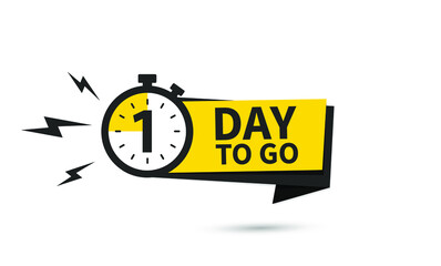 1 day to go label, yellow flat with alarm clock, promotion icon. Vector stock illustration.