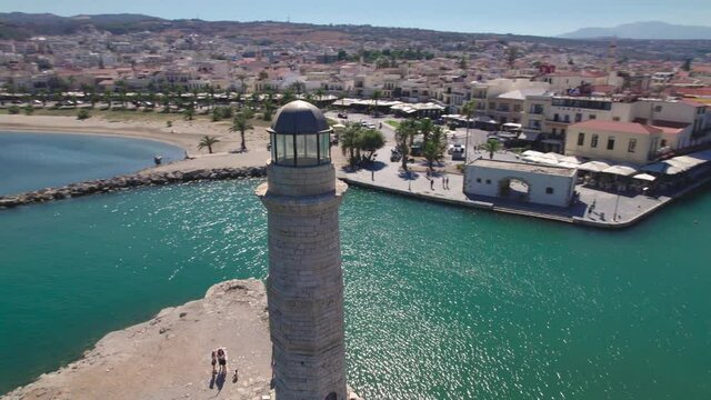 Aerial view. Rethymno town on the island of Crete. Venetian lighthouse in the old port.