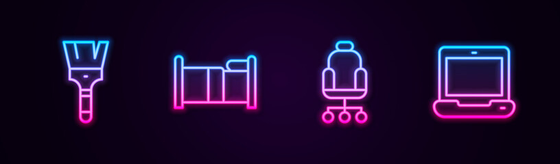 Set line Paint brush, Bed, Office chair and Laptop. Glowing neon icon. Vector